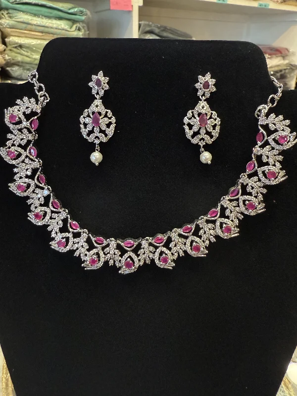 Diamond and Pearl Necklace-Attractive American Diamond Pink Stone Necklace With Earrings