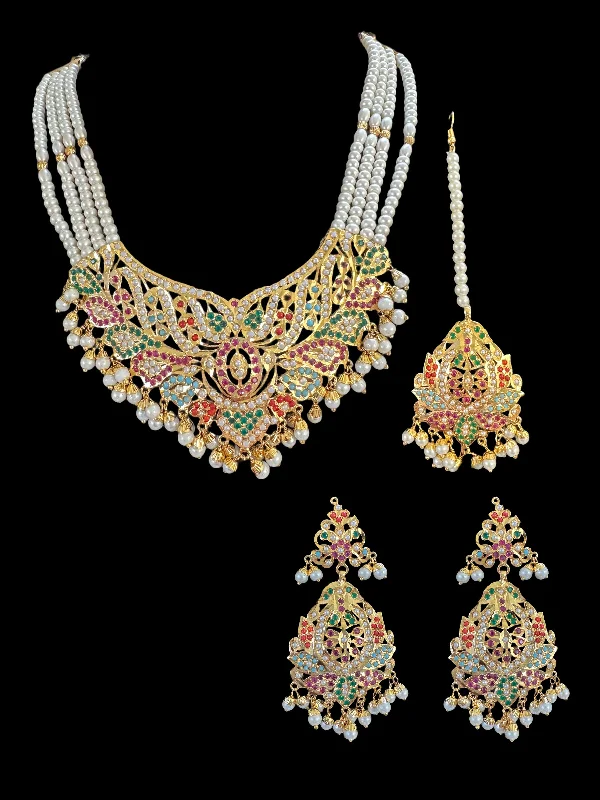 Pearls and Diamonds Necklace-DNS46 Rana Navratan  necklace  earrings tika  (READY TO SHIP )