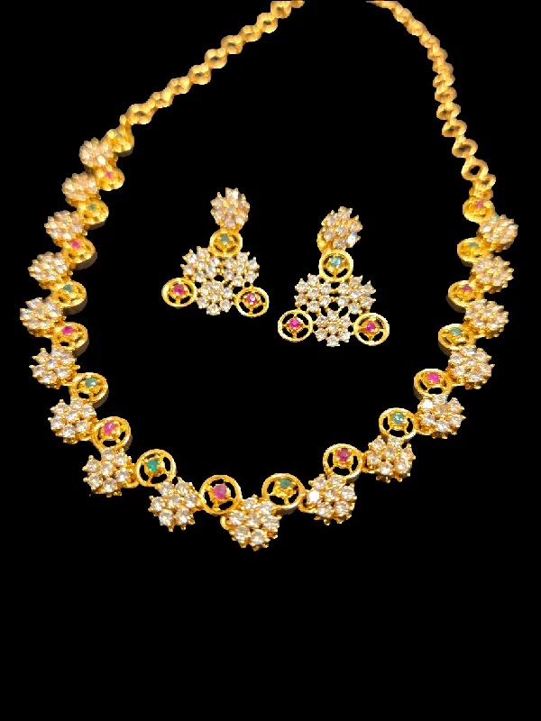 Beaded Statement Necklace-Fabulous Multicolor Gold Plated Flower Design Necklace With Earrings Set