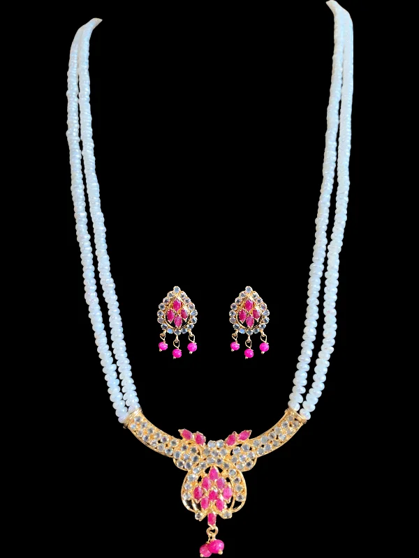 Elegant Gold Pendant Necklace-LN137 Ruby long  necklace  set in fresh water pearls ( READY TO SHIP )