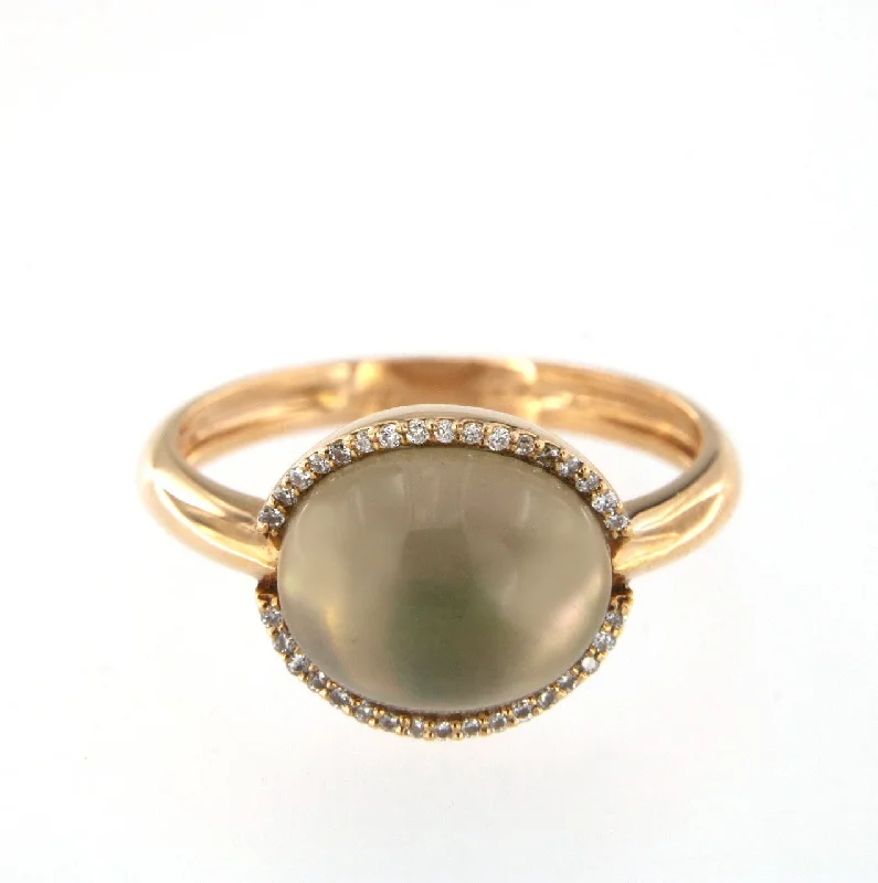 Dainty Engagement Ring-Cabouchon 18K Rose Gold w. Diamonds & Smokey Quartz