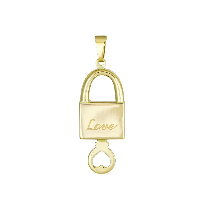 Layered Chain Pendant Necklace-14K Yellow Gold Love Message Lock & Key Heart Pendant Necklace No Chain