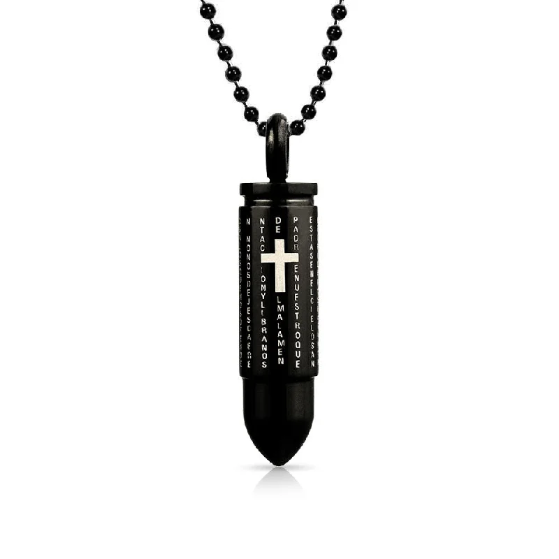 Gold Pendant Necklace-Protection Religious Our Lords Prayer Bullet Pendant Necklace for Men Black Silver Stainless Steel