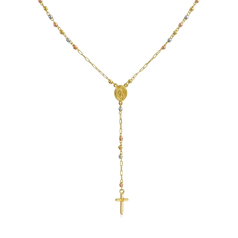 Contemporary Necklace for Women-Simple Tri-Color 14K Gold Cross & Virgin Mary Drop Necklace for Teens