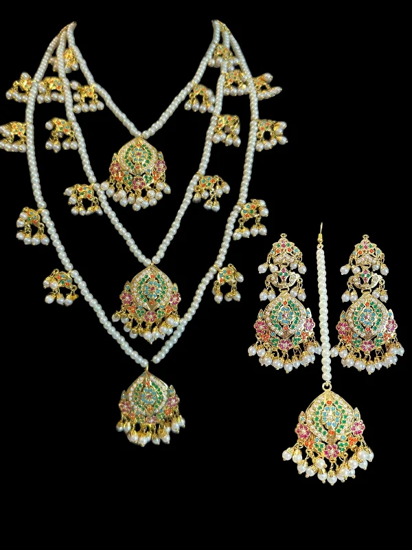 Fashion Jewelry Necklace-SAT112 Anya jadau 3 layered necklace / satlada in Navratan ( READY TO SHIP )