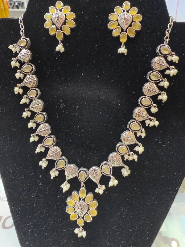 Pearls and Diamonds Necklace-Attractive Light Yellow Color Silver Plated Oxidized Necklace With Pearl Drop Earrings