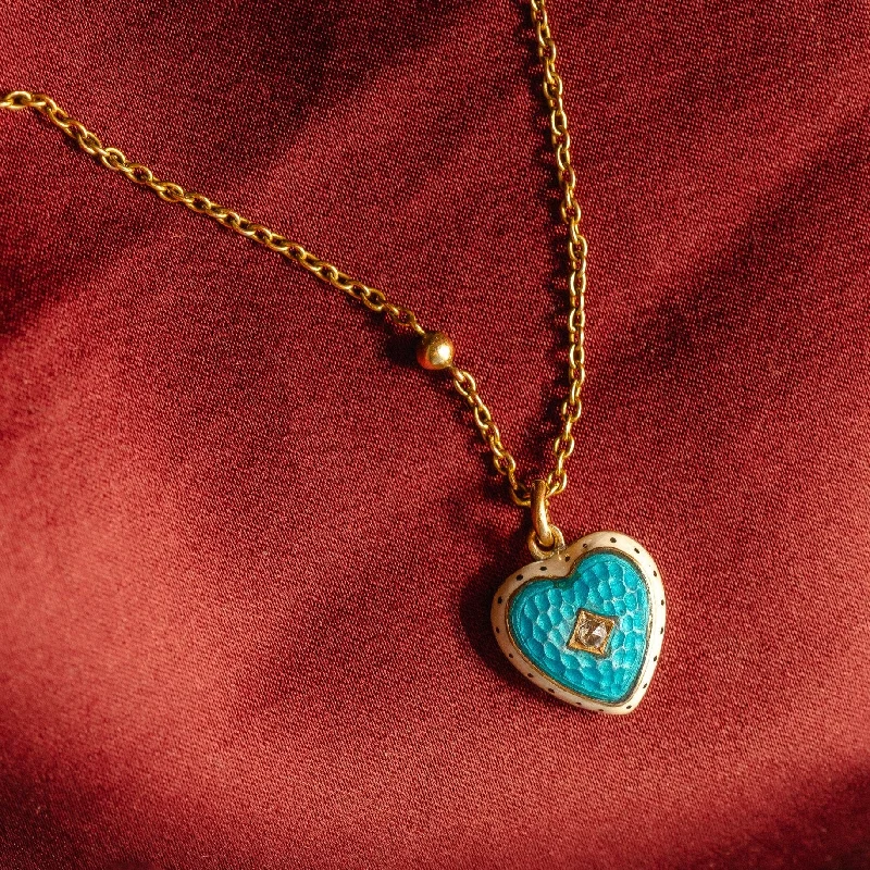 Women’s Pendant Necklace-9k Vintage Enamel Blue and White Diamond Heart Necklace in 17 inch length