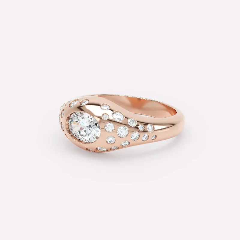 Handmade Engagement Ring-Curve Scattered Signet 18K Rosegold Ring w. Diamonds