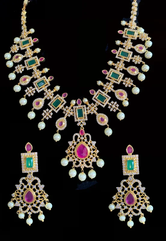 Wedding Necklace for Bridesmaids-NS156 Mansha South Indian necklace set in ruby emerald (READY TO SHIP)