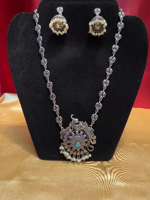 Handmade Pendant Necklace-Charming Sky Blue Color With White Beads Peacock Design Oxidized Necklace With Jhumka