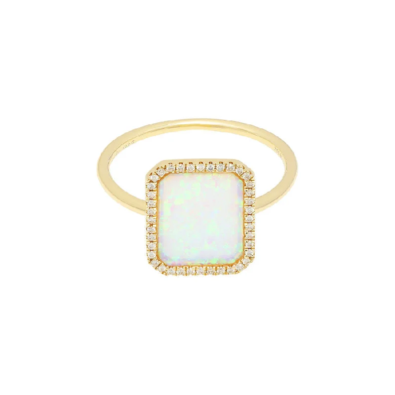 Cushion Cut Engagement Ring-Bague Semi Precious 18K Gold Ring w. White Opal & Diamonds