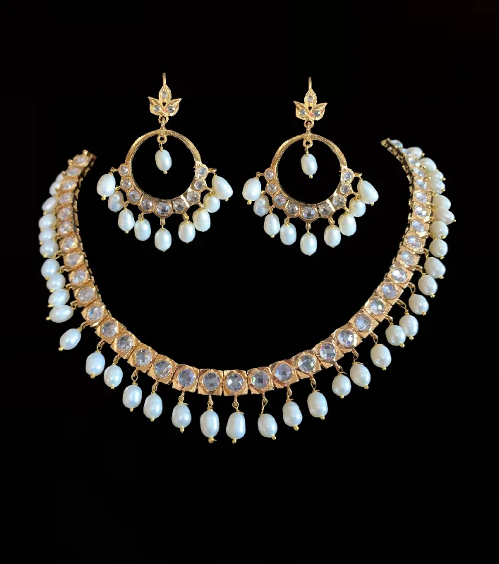 Antique Gold Necklace-NS195 Barfi necklace with Chandbali in fresh water pearls  ( READY TO SHIP )