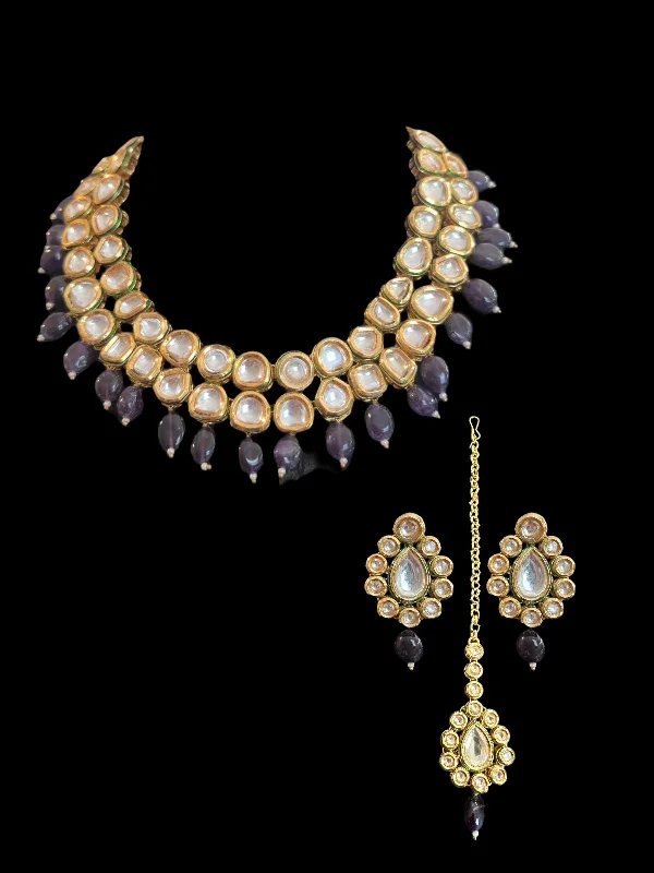 Gold Pendant Necklace-DNS144 Mohini bridal necklace in high quality kundan with natural amethyst beads (READY TO SHIP )