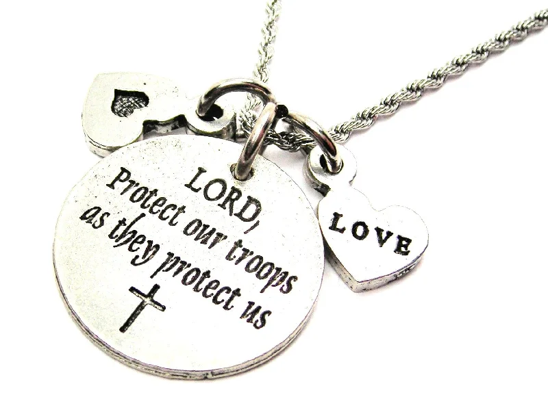 Handcrafted Silver Necklace-Lord Protect Our Troops As They Protect Us Stainless Steel Rope Chain Necklace