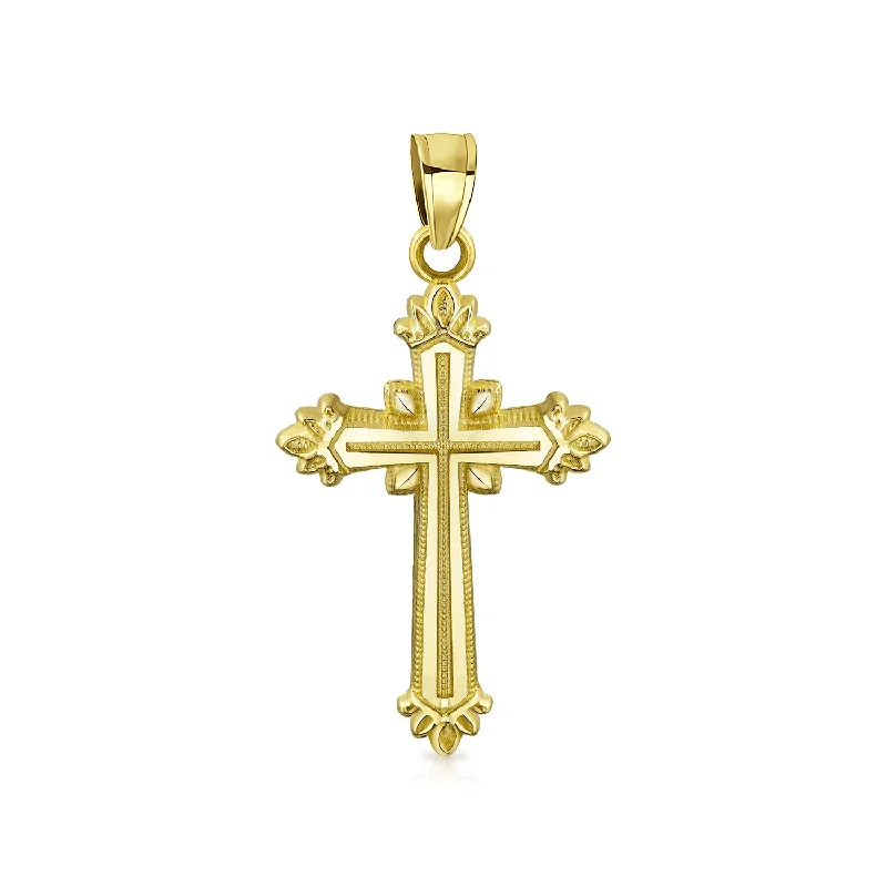 Vintage Diamond Necklace-Vintage 14K Gold Fleur De Lis Cross Pendant Necklace Medieval Warrior Style