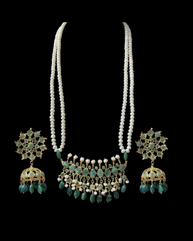 Layered Silver Necklace-Tirmani Necklace Set with Large Jhumka Earrings – 22K Gold-Plated Jewelry with Freshwater Pearls and Emerald Beads
 ( SHIPS IN 4 WEEKS  )