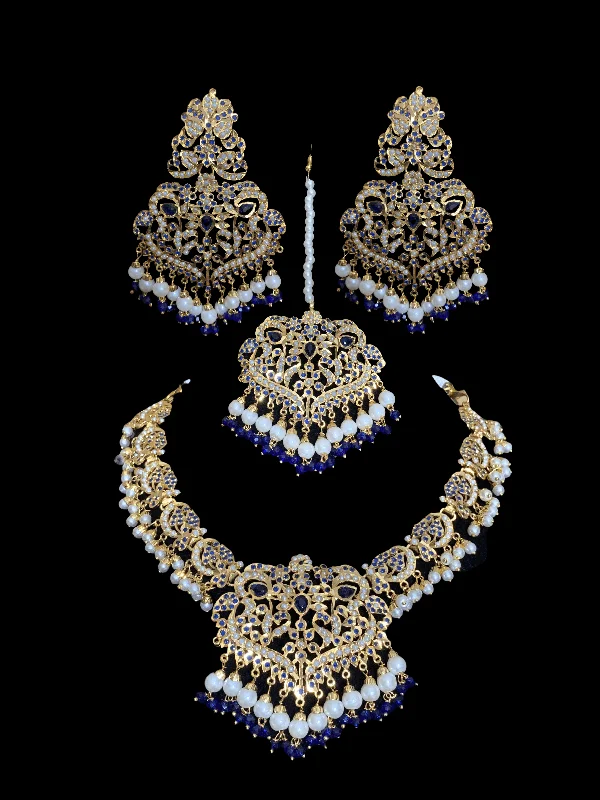 Layered Chain Necklace-NS209  Neeli jadau pearl necklace with earrings tika in blue (SHIPS IN 4 WEEKS )