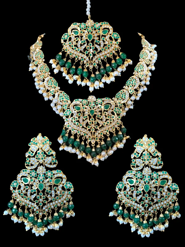 Black Pearl Necklace-NS73 Neeli jadau pearl necklace with earrings tika in emerald(SHIPS IN 4 WEEKS )