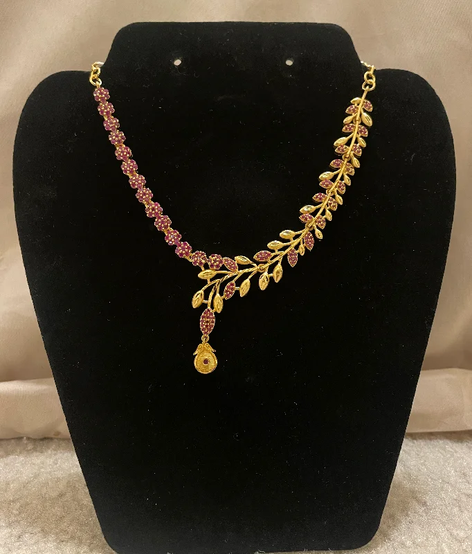 Modern Pendant Necklace-Attractive Gold Plated Pink Stones Studded Necklace