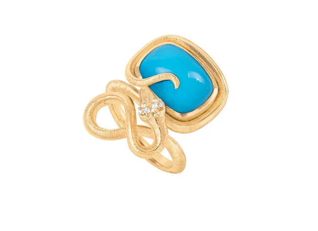 Silver Solitaire Ring-Snakes Petite 18K Gold Ring w. Diamonds & Turquoise