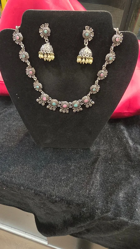 Unique Pendant Necklace-Gorgeous Multicolor Oxidized Necklace With Jhumkas Set For Women