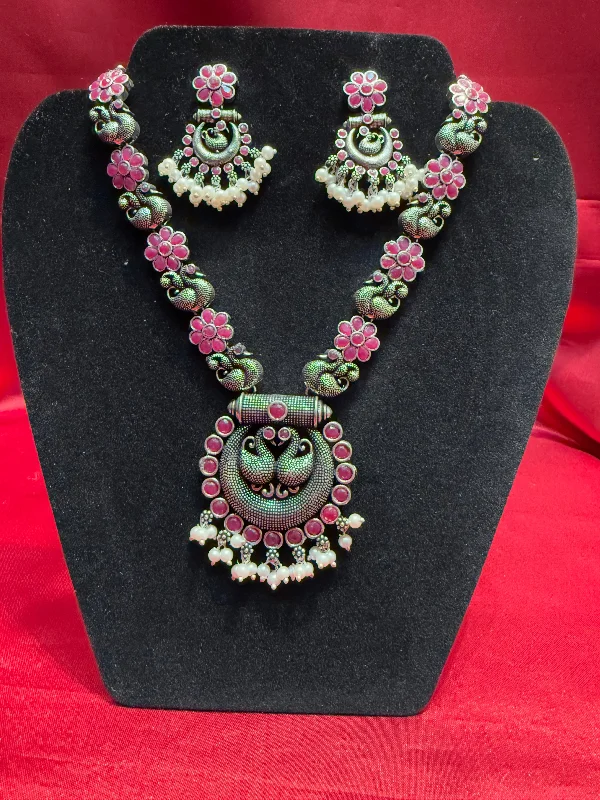 Birthstone Pendant Necklace-Mesmerizing Pink Color Peacock Design Oxidized Necklace With Earrings Set