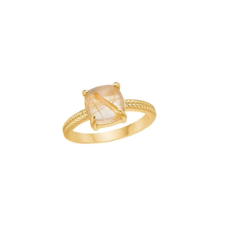 Round Cut Diamond Ring-18K Gold Plated Ring w. Rutile Quartz