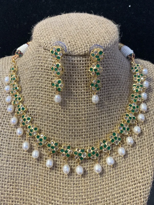 Crystal Pendant Necklace-Meenaz fresh water pearl necklace set green  (SHIPS IN 4 WEEKS )