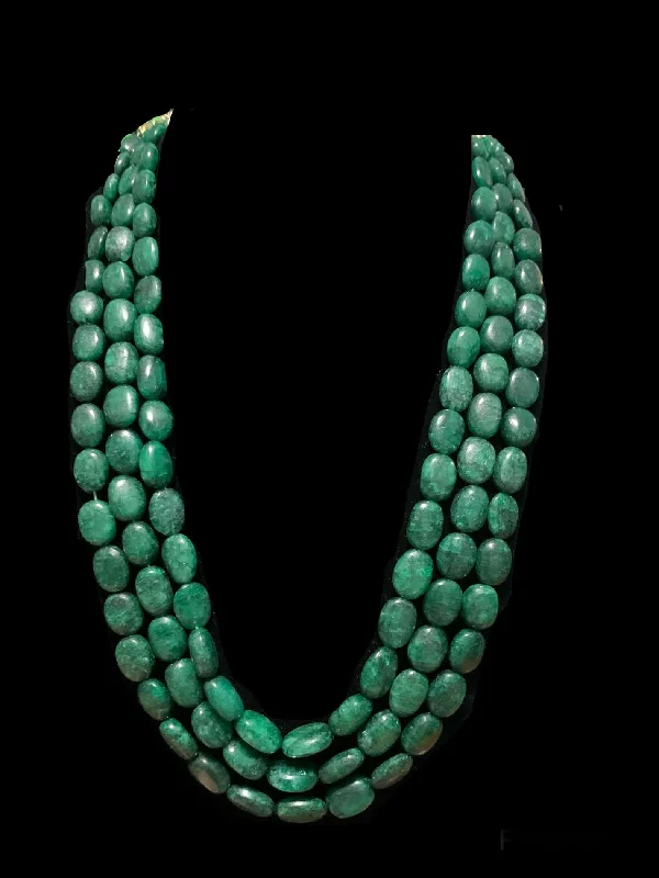 Long Chain Necklace-NS304 Emerald oval beads necklace in three layer