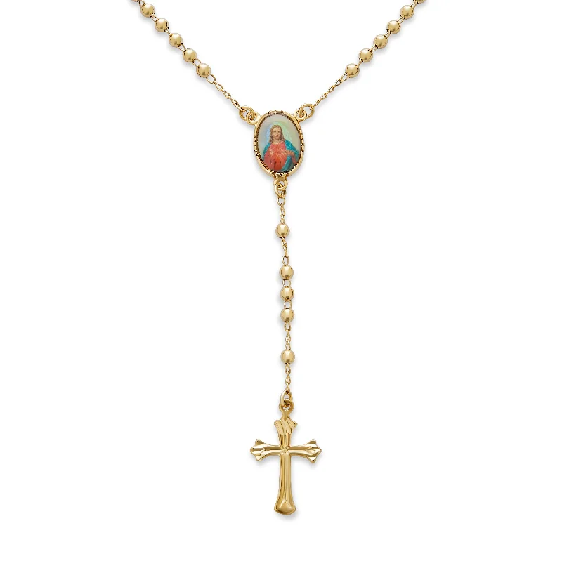 Large Stone Necklace-Catholic Rosary Necklace 18K Gold Plated with Sacred Heart of Jesus Cross Beads