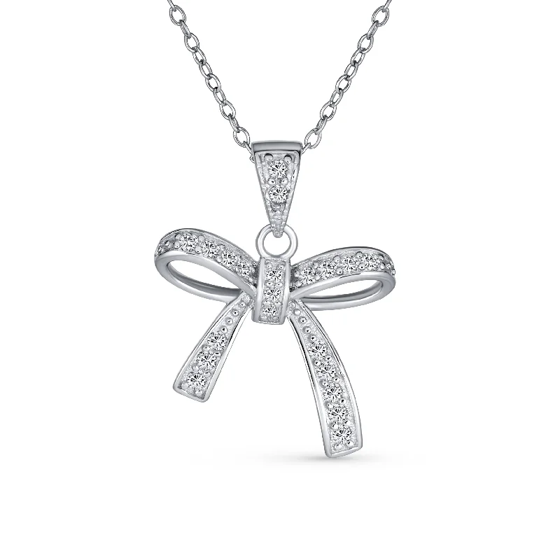 Silver Cross Necklace-Dainty Bridal Necklace with Clear Cubic Zirconia Bow Pendant in Sterling Silver