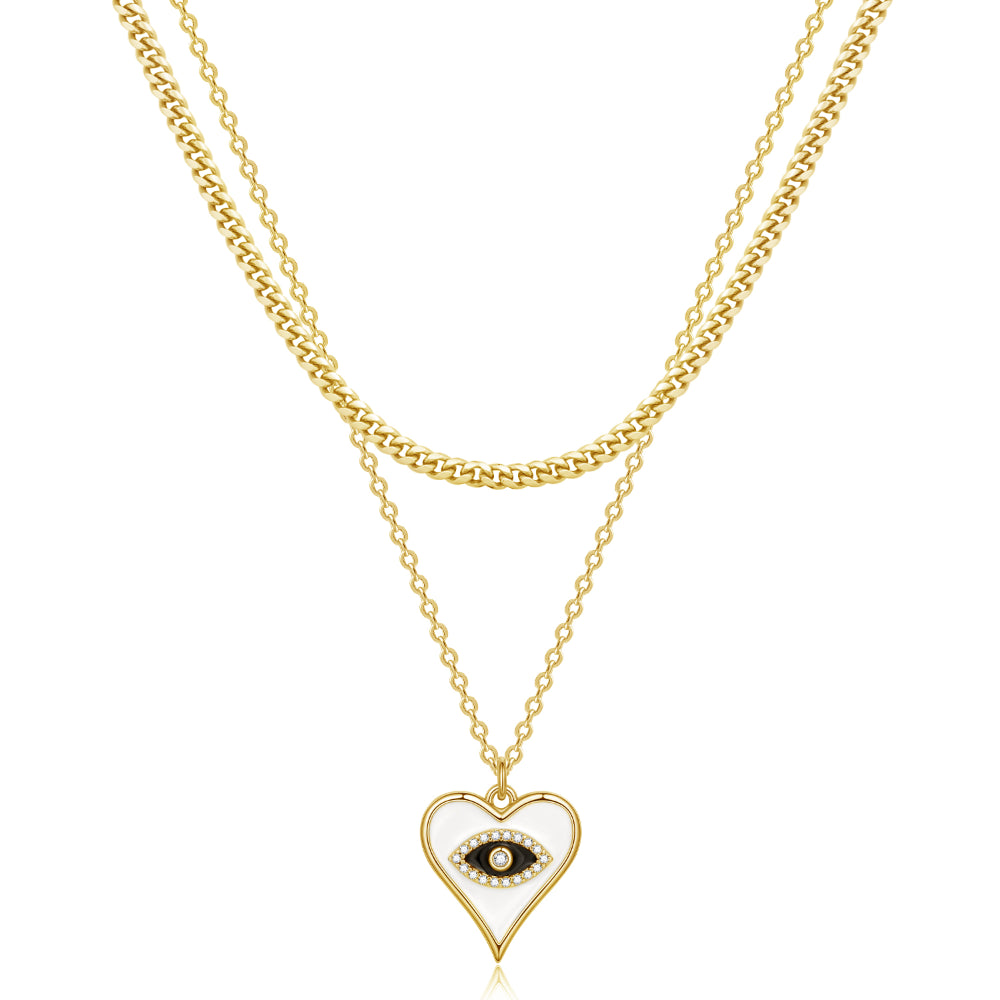 Modern Pendant Necklace-Dainty 14K Gold Layered Evil Eye Religious Necklace- Cuban Chain+Heart Eye