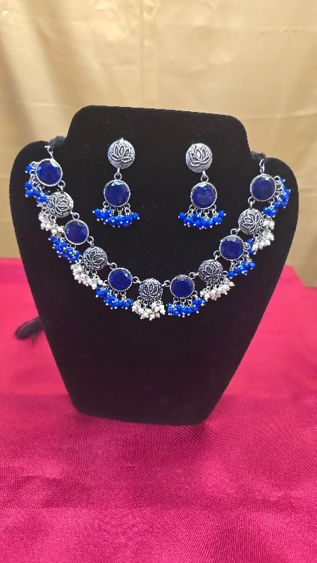 Large Crystal Necklace-Beautiful Blue Colored Jewelry Set With Lotus Design For Women