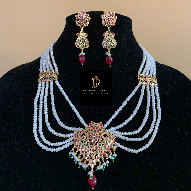 Large Pendant Gold Necklace-NS103 Sajal necklace in ruby emerald with fresh water  pearls (READY TO SHIP )