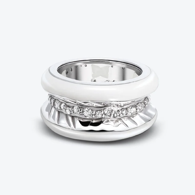 Matching Couple Rings-Antarctica Ice 18K White Gold Ring w. Lab-Grown Diamonds & Snow White Enamel