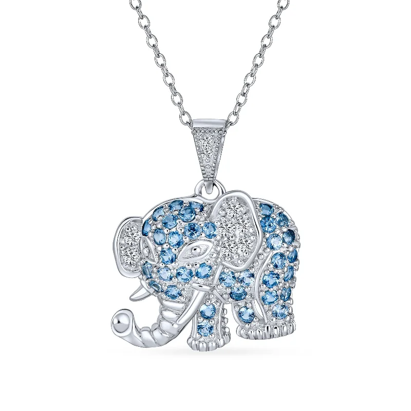 Adjustable Chain Necklace-Aqua Blue Grey CZ Elephant Pendant Necklace in Sterling Silver with Chain