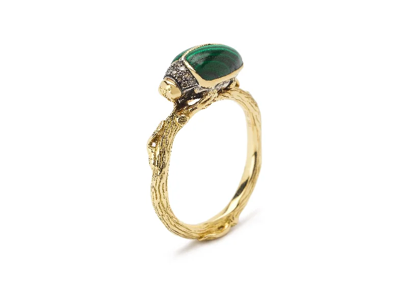 Platinum Diamond Ring-Malachite Scarab 18K Gold & Silver Ring