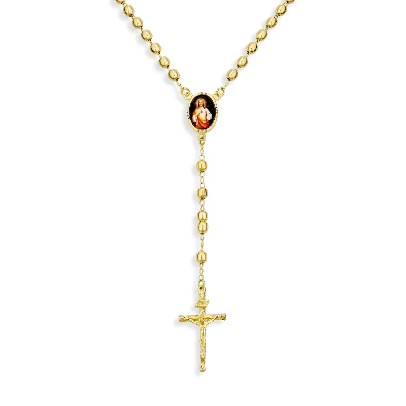 Pearls and Diamonds Necklace-18K Gold Plated Rosary Necklace with Sacred Heart of Jesus Crucifix Beads