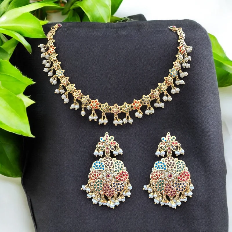 Casual Silver Necklace-Navratan / Multicolored Jadau Necklace Set in Gold Plated Silver ( READY TO SHIP )