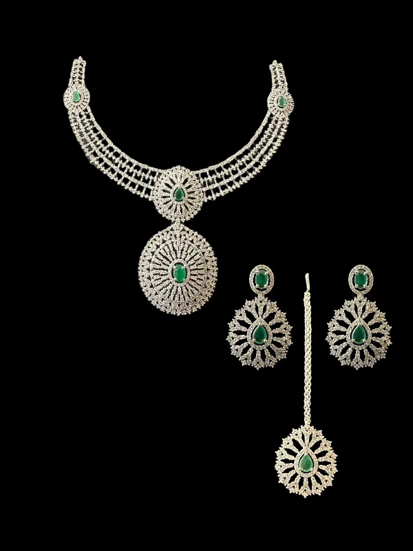 Handmade Gold Necklace-DNS171 Cz necklace set with earrings tika  silver plated - Emerald green centre stone    (READY TO SHIP)