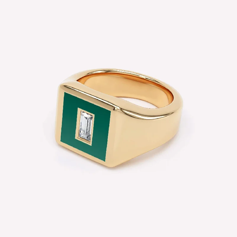 Two-Tone Engagement Ring-Eternity Green 14K Gold Signet Ring w. Lab-Grown Diamond