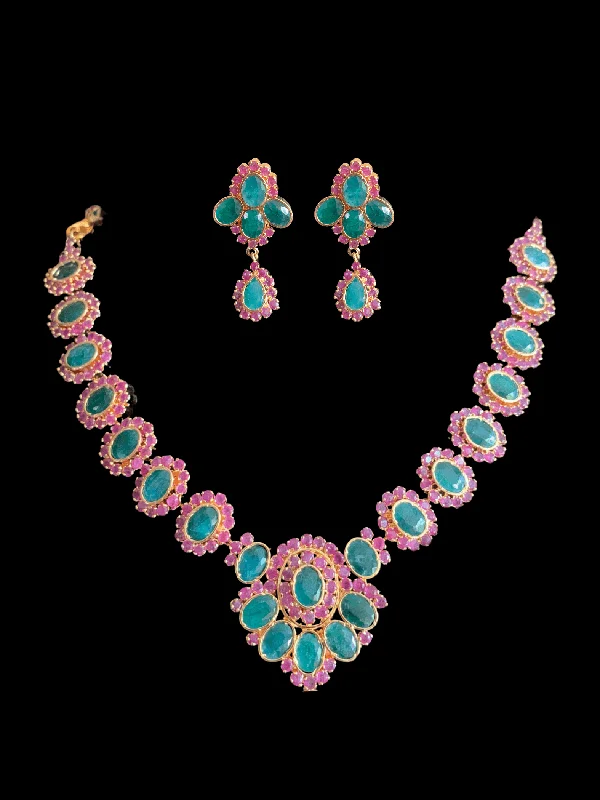 Handmade Pendant Necklace-NS235 NEELAM, real ruby  emerald gold plated necklace set ( READY TO SHIP)