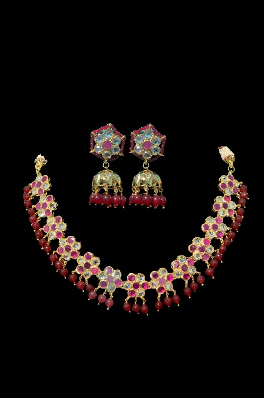 Designer Necklace for Women-NS112  Ruby flower necklace set ( READY TO SHIP)