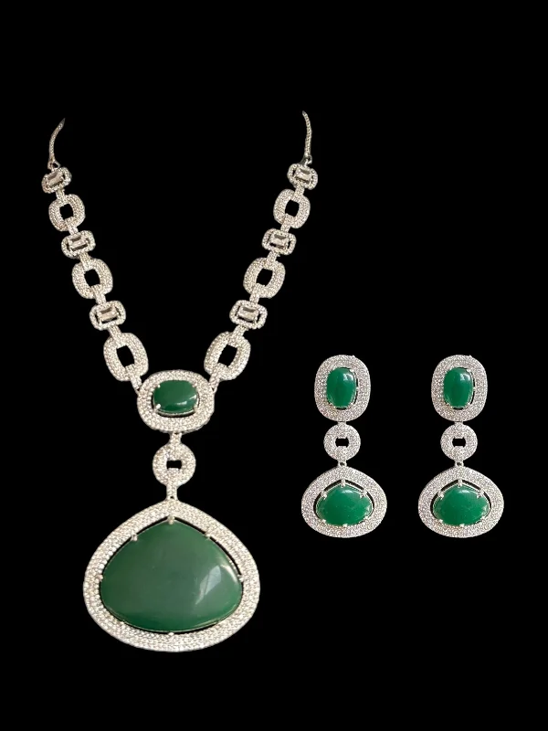 Pearl Choker Necklace-DNS99 CZ necklace set in green   - silver plated ( READY TO SHIP )