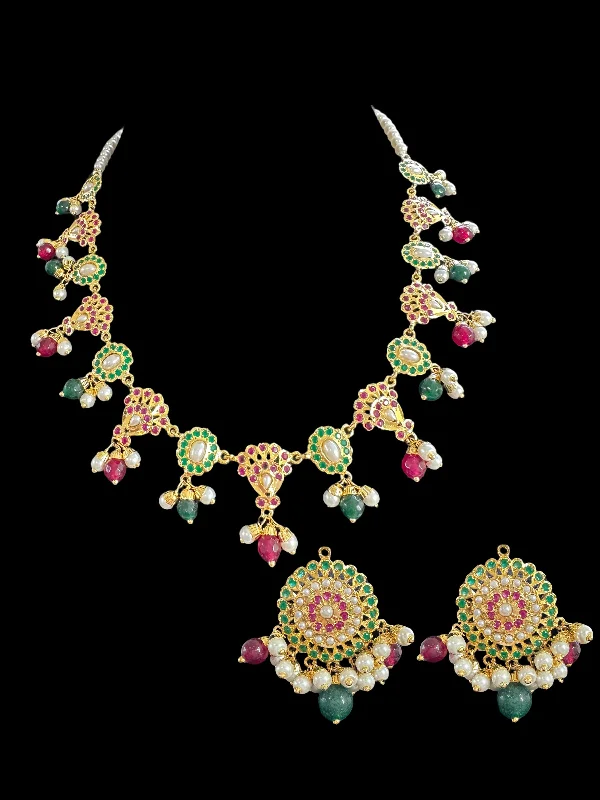 Simple Beaded Necklace-DNS52 ruby emerald pearl Jadau necklace set ( READY TO SHIP )