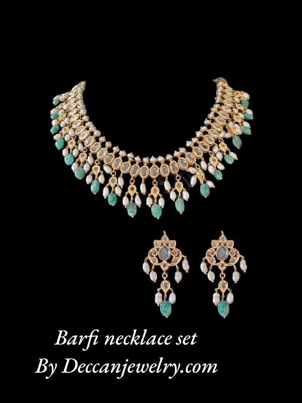 Designer Diamond Necklace-DNS110 Barfi necklace set in fresh water pearls and emerald beads ( SHIPS IN 4 WEEKS )