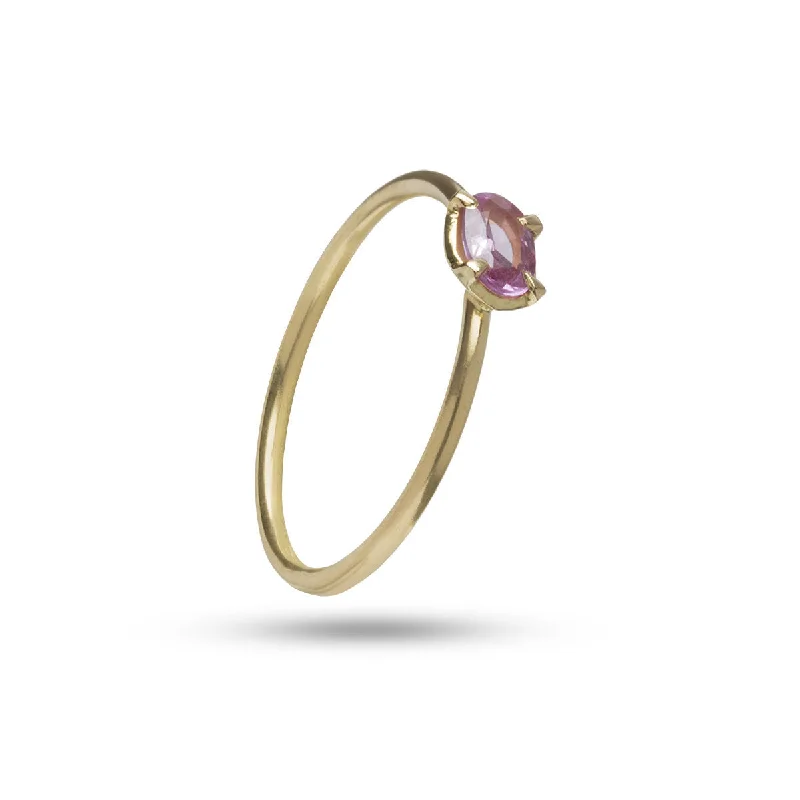 Men’s Wedding Ring with Engraving-Delicate oval Pink 18K Gold Ring w. Sapphire