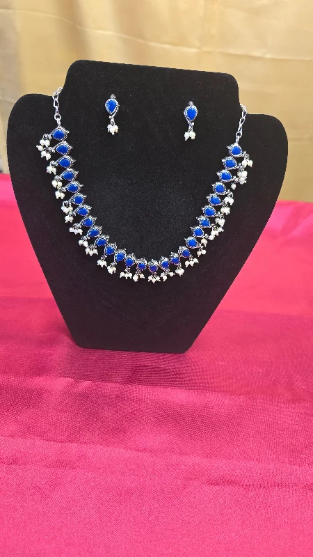 Ethnic Necklace for Women-Beautiful  Blue Necklace Set With Bunch Of Pearls And Earrings For Women