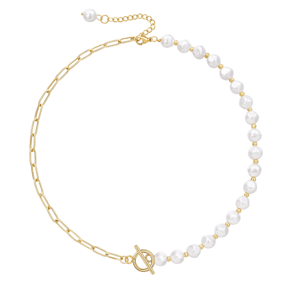 Women’s Elegant Necklace-14K Gold Plated Half Pearl Half Paperclip Chunky Link Chain- Round