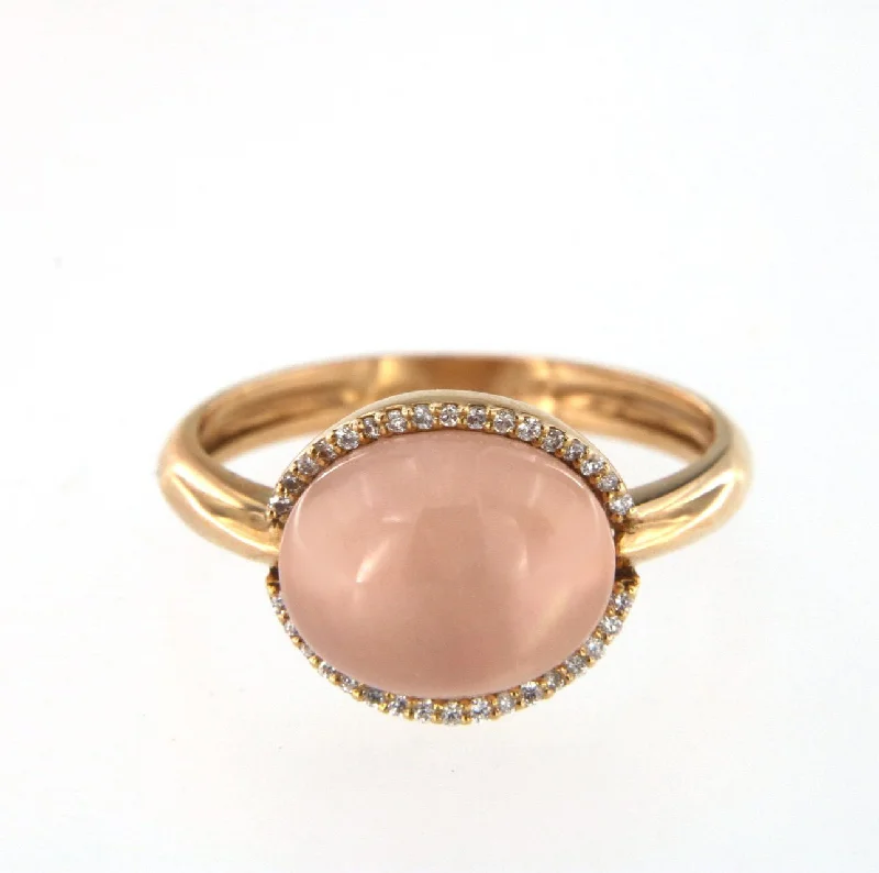 Handmade Promise Ring-Cabouchon 18K Rose Gold w. Diamonds & Pink Quartz